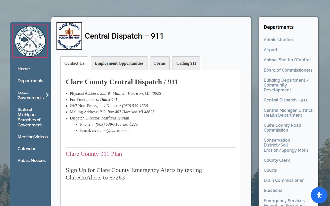 Clare County Central Dispatch page for emergency alerts rather than arrest notices