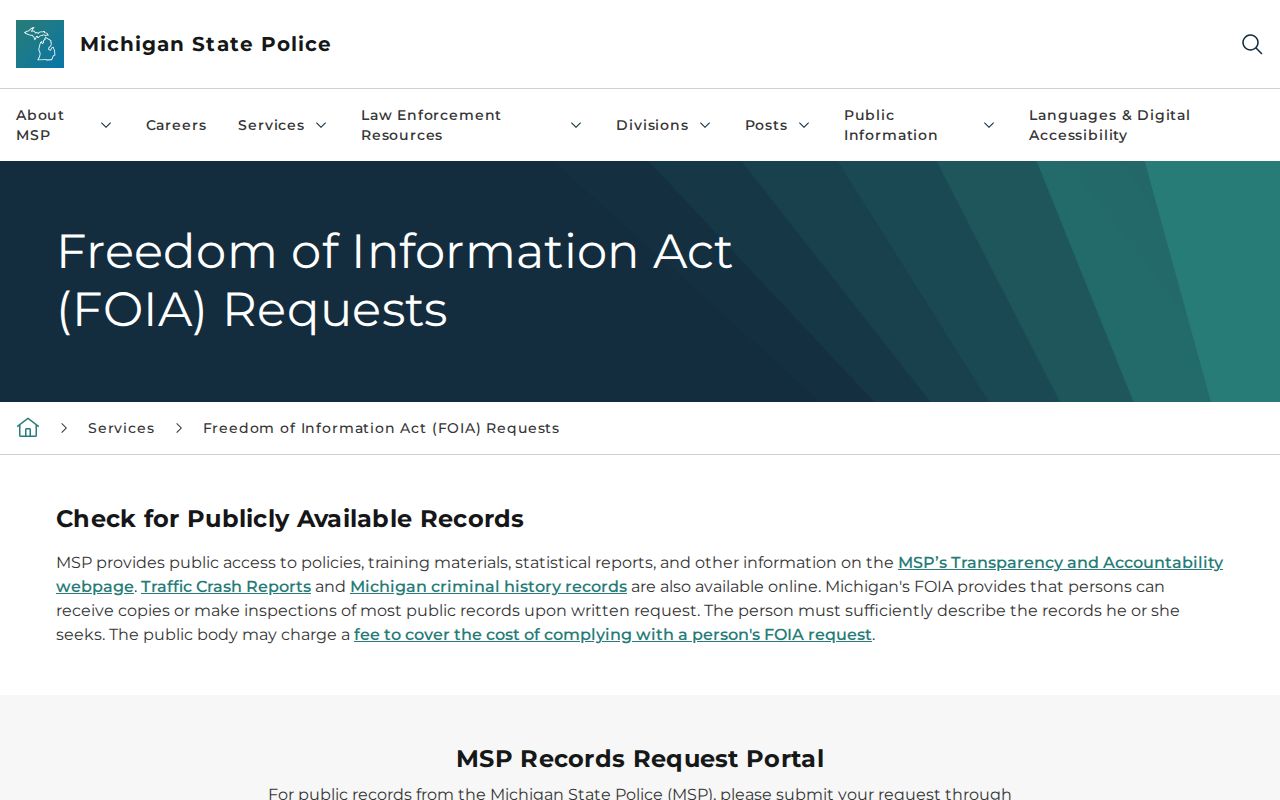 Michigan State Police FOIA webpage for requesting state police records