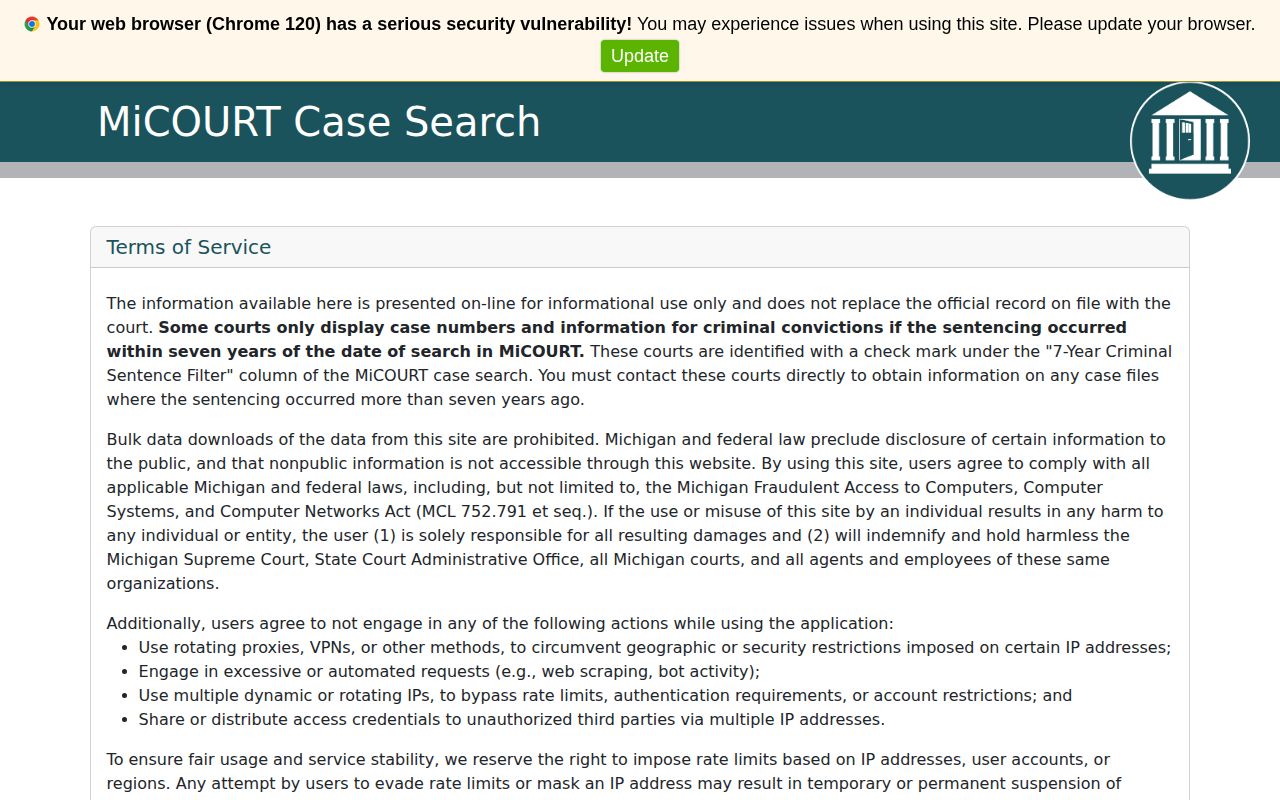 MiCOURT Clare County arrest case search